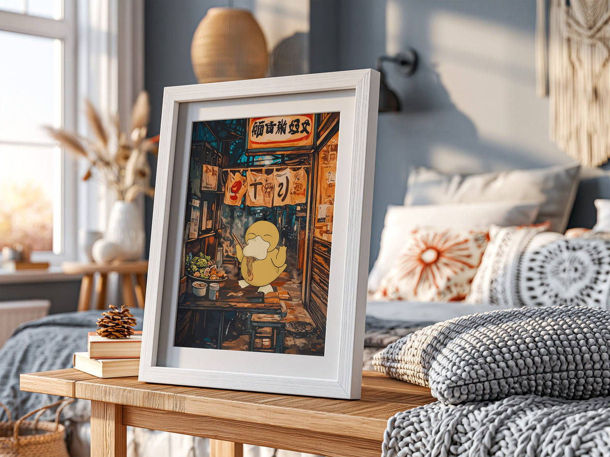 Poster of Squirtle eating ramen in warm blue and brown anime style alley scene