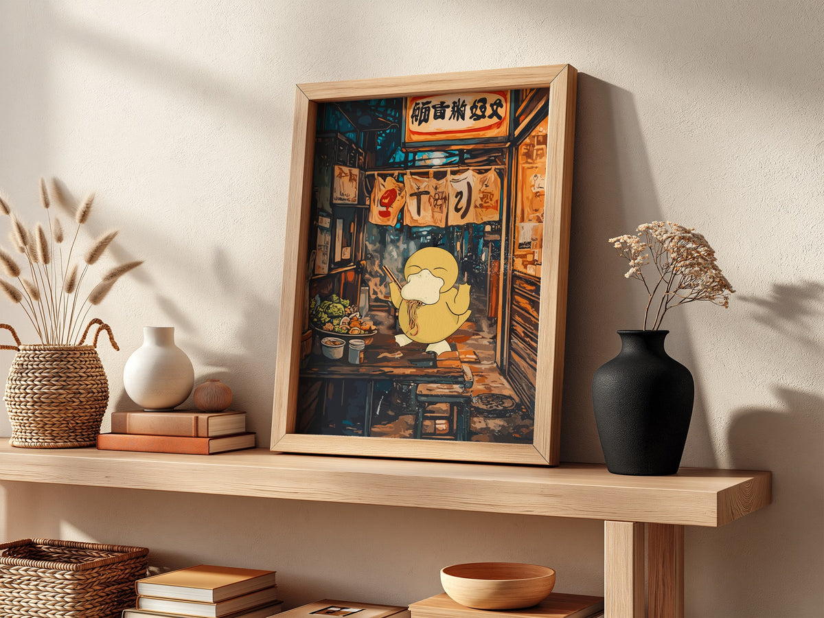 Poster of Squirtle eating ramen in warm blue and brown anime style alley scene