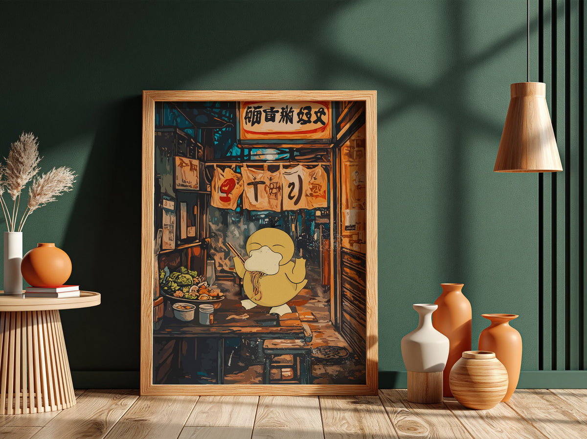 Poster of Squirtle eating ramen in warm amber and deep blue anime style alleyway scene