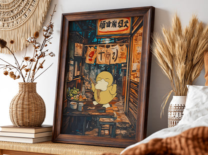 Poster of Squirtle eating ramen in warm amber and deep blue anime style alleyway scene