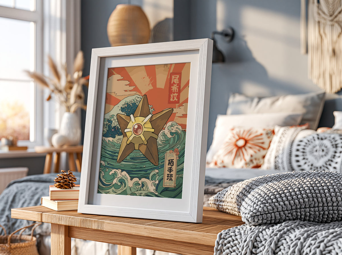 Poster wall decor featuring Staryu with Japanese wave art in warm reds teal retro style