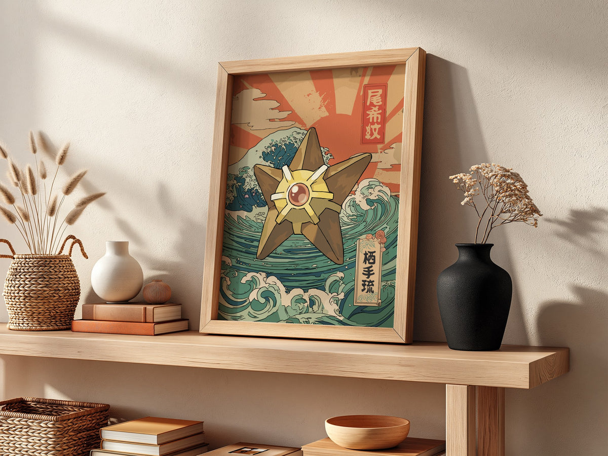 Poster wall decor featuring Staryu with Japanese wave art in warm reds teal retro style