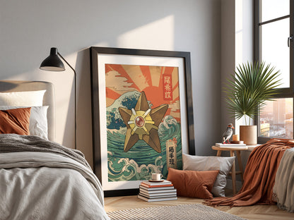 Poster wall decor featuring Staryu with Japanese wave art in warm reds teal retro style