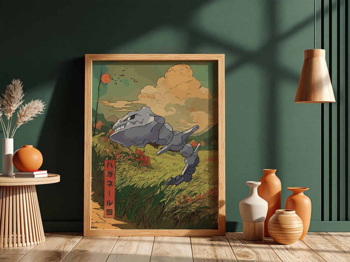 Illustration poster featuring Steelix in a warm earthy palette with grassland and dramatic sky background in