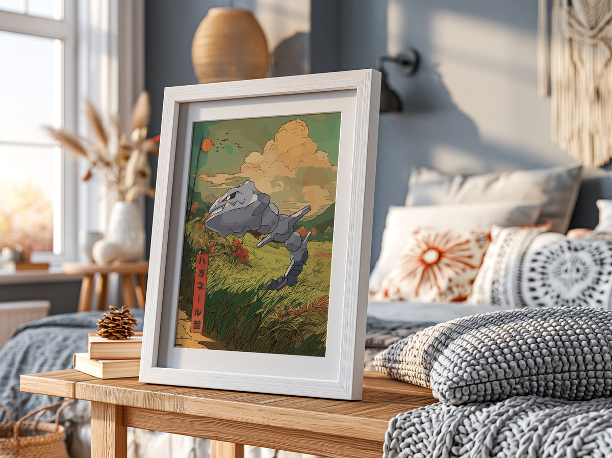 Illustration poster featuring Steelix in a warm earthy palette with grassland and dramatic sky background in