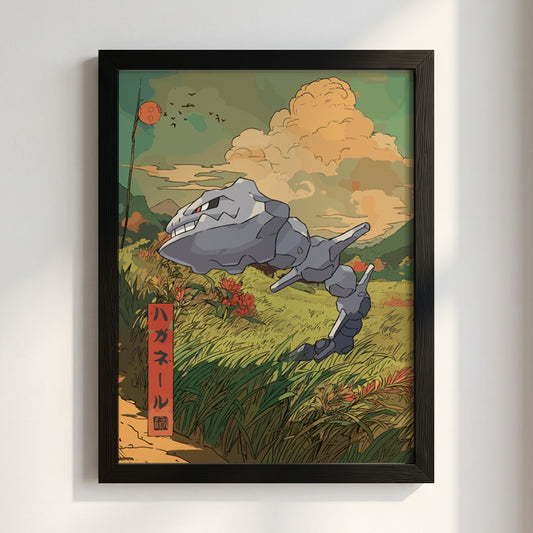 Illustration poster featuring Steelix in a warm earthy palette with grassland and dramatic sky background in