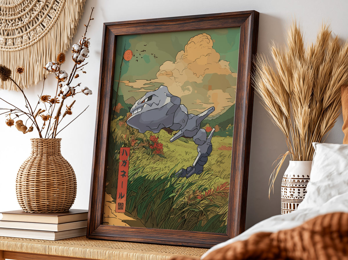Illustration poster featuring Steelix in a warm earthy palette with grassland and dramatic sky background in