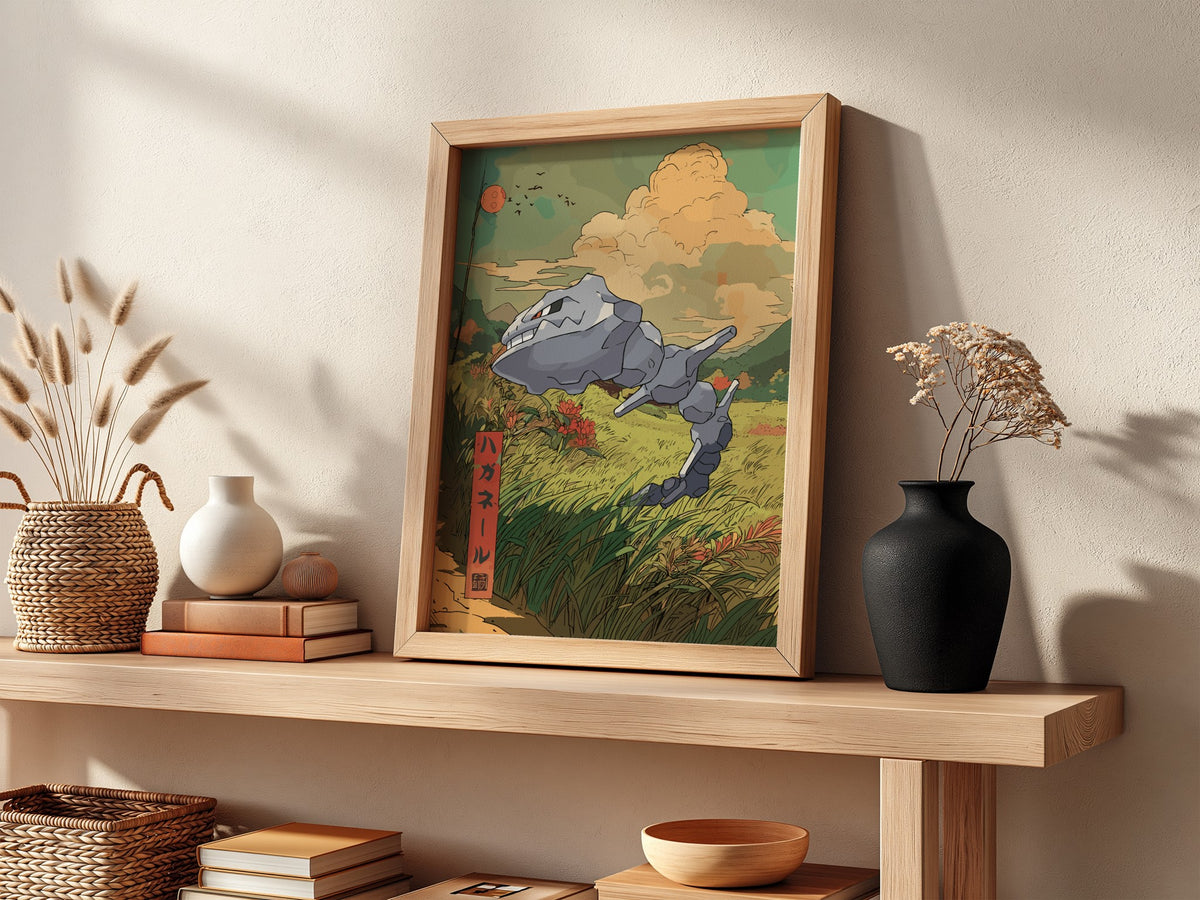 Illustration poster featuring Steelix in a warm earthy palette with grassland and dramatic sky background in