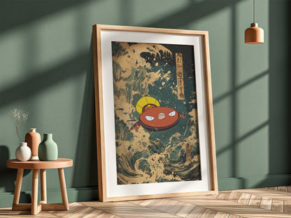 Framed Stunfisk poster with Japanese ukiyo-e wave style in indigo and beige tones with Japanese calligraphy