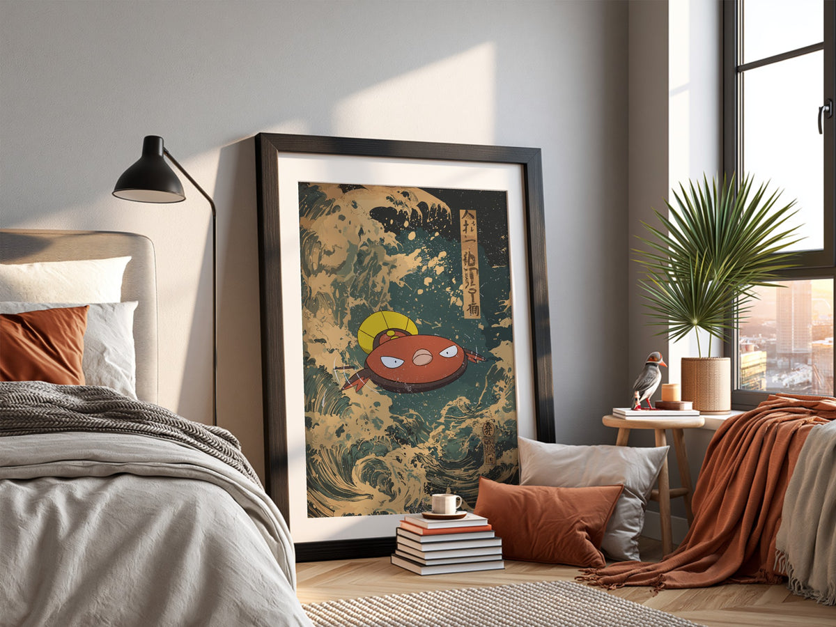 Framed Stunfisk poster with Japanese ukiyo-e wave style in indigo and beige tones with Japanese calligraphy