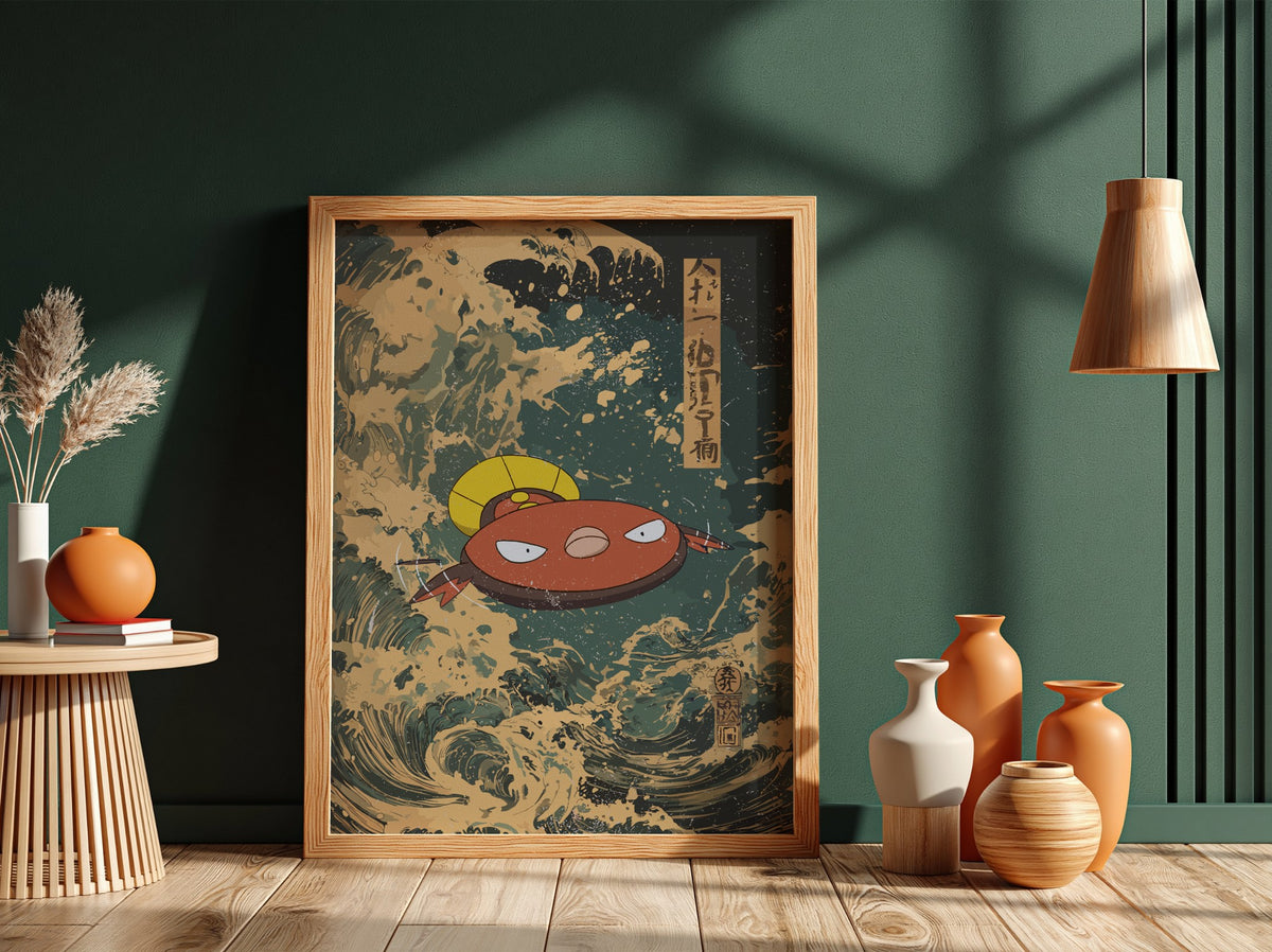 Framed Stunfisk poster with Japanese ukiyo-e wave style in indigo and beige tones with Japanese calligraphy