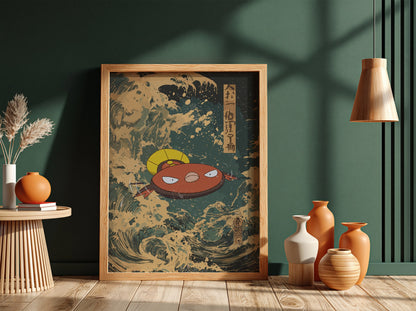 Framed Stunfisk poster with Japanese ukiyo-e wave style in indigo and beige tones with Japanese calligraphy