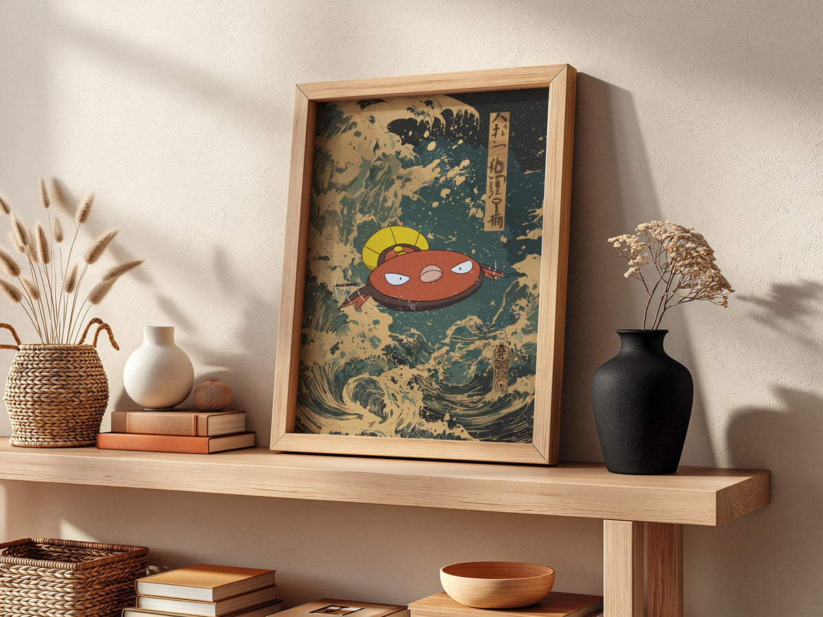 Framed Stunfisk poster with Japanese ukiyo-e wave style in indigo and beige tones with Japanese calligraphy