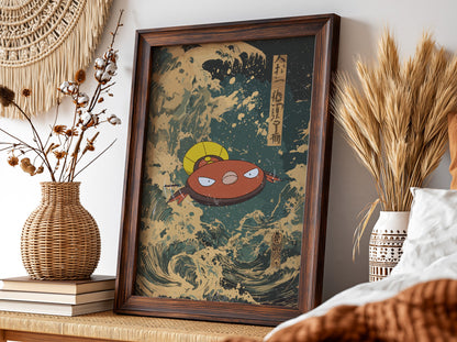 Framed Stunfisk poster with Japanese ukiyo-e wave style in indigo and beige tones with Japanese calligraphy