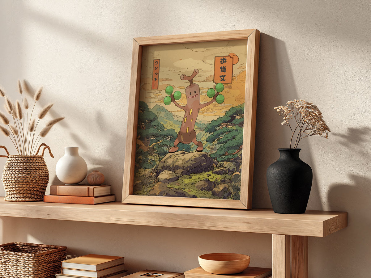 Wall decor poster featuring Sudowoodo character in Japanese style with green spheres and natural background