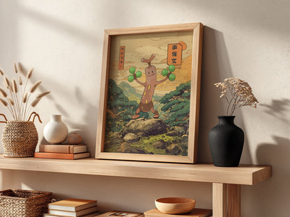 Wall decor poster featuring Sudowoodo character in Japanese style with green spheres and natural background