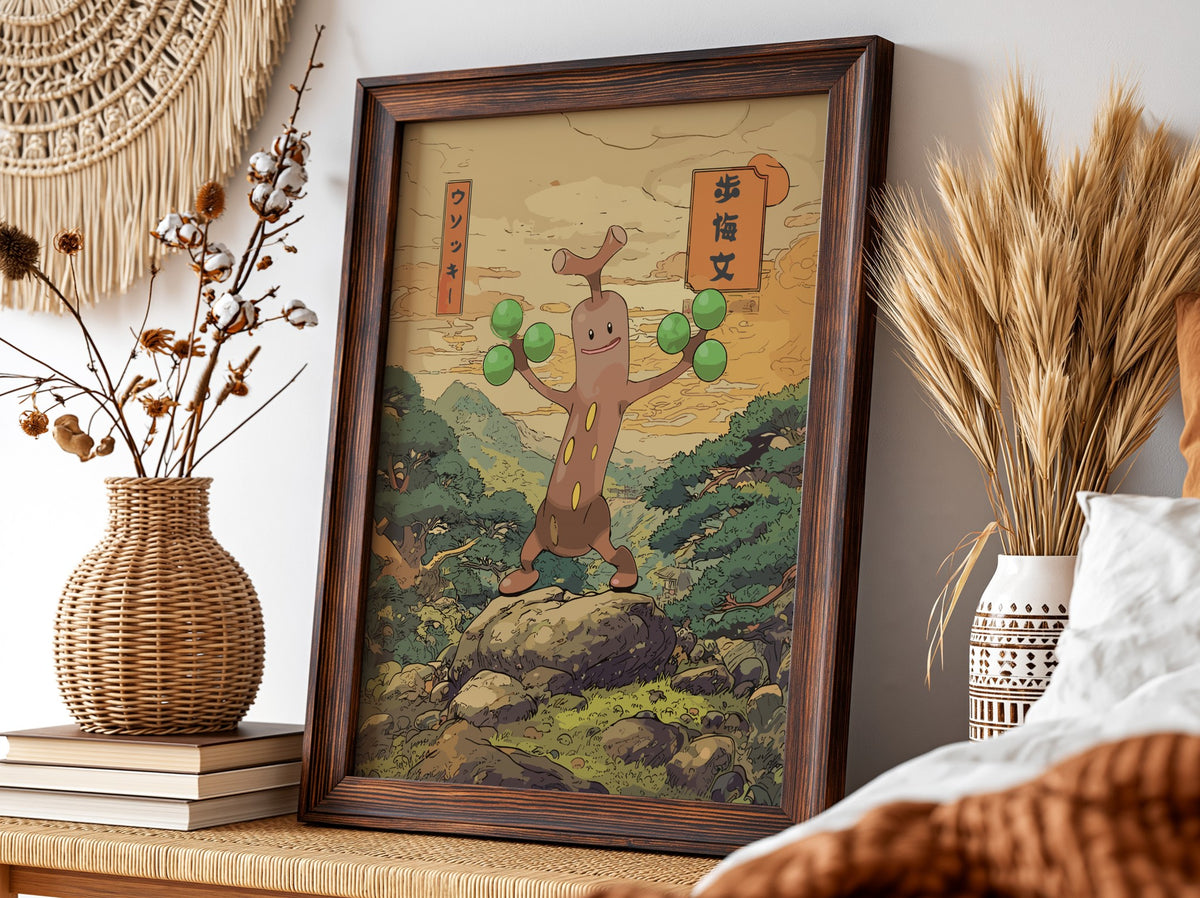 Wall decor poster featuring Sudowoodo character in Japanese style with green spheres and natural background