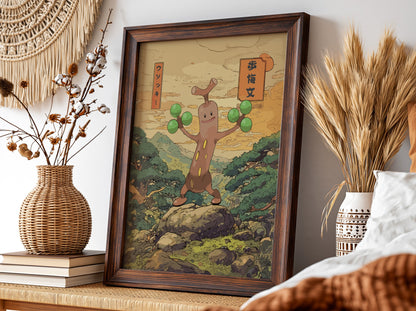 Wall decor poster featuring Sudowoodo character in Japanese style with green spheres and natural background