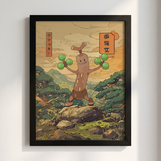 Wall decor poster featuring Sudowoodo character in Japanese style with green spheres and natural background