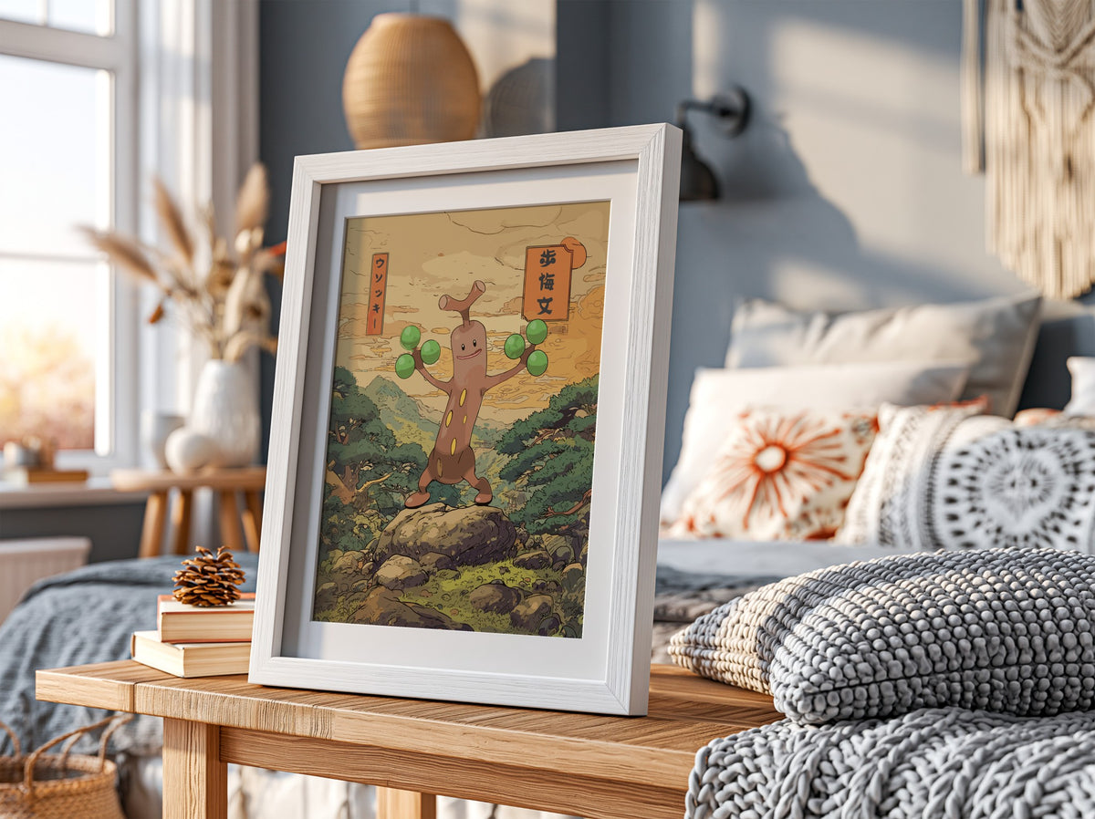 Wall decor poster featuring Sudowoodo character in Japanese style with green spheres and natural background