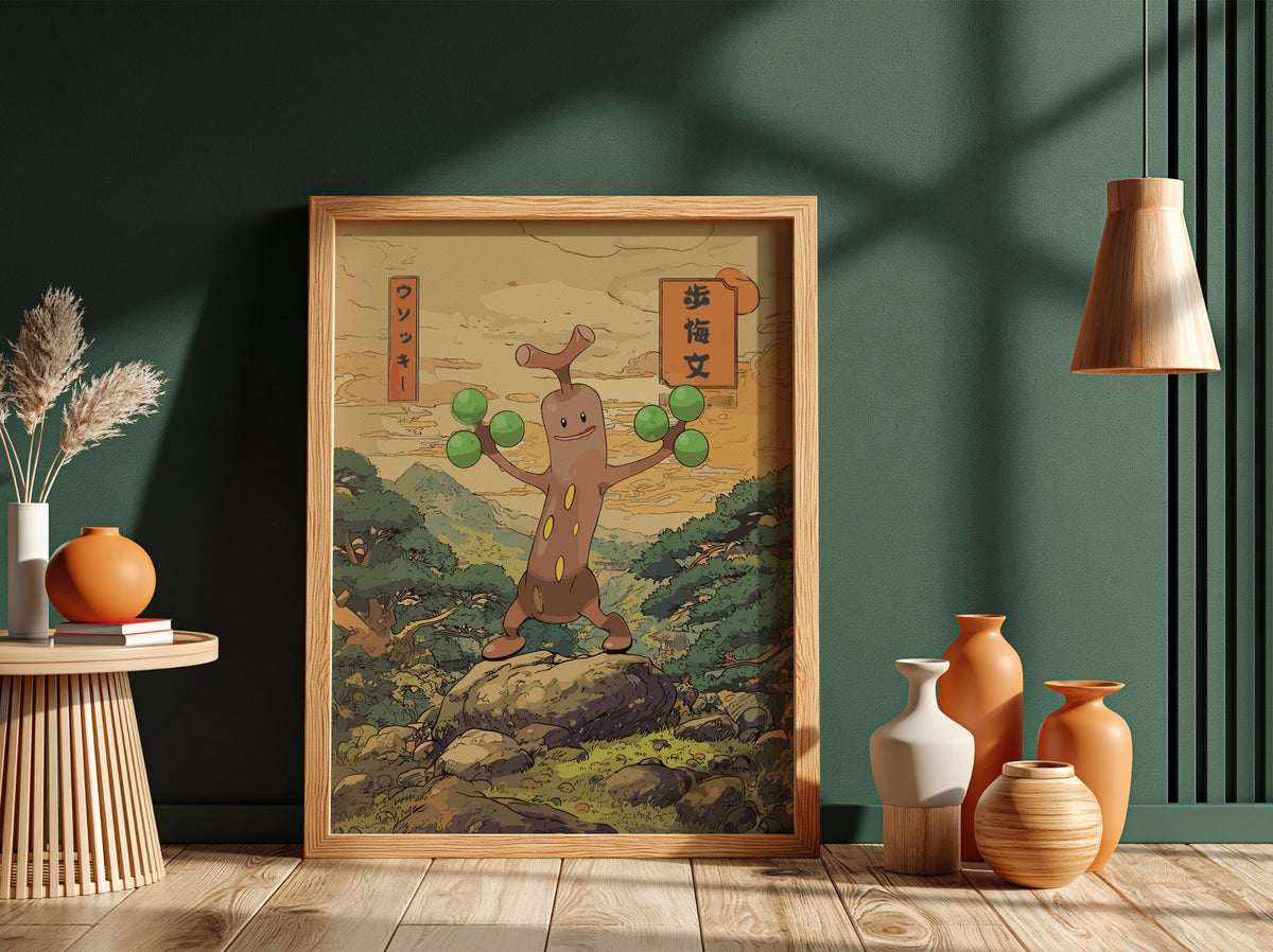 Wall decor poster featuring Sudowoodo character in Japanese style with green spheres and natural background