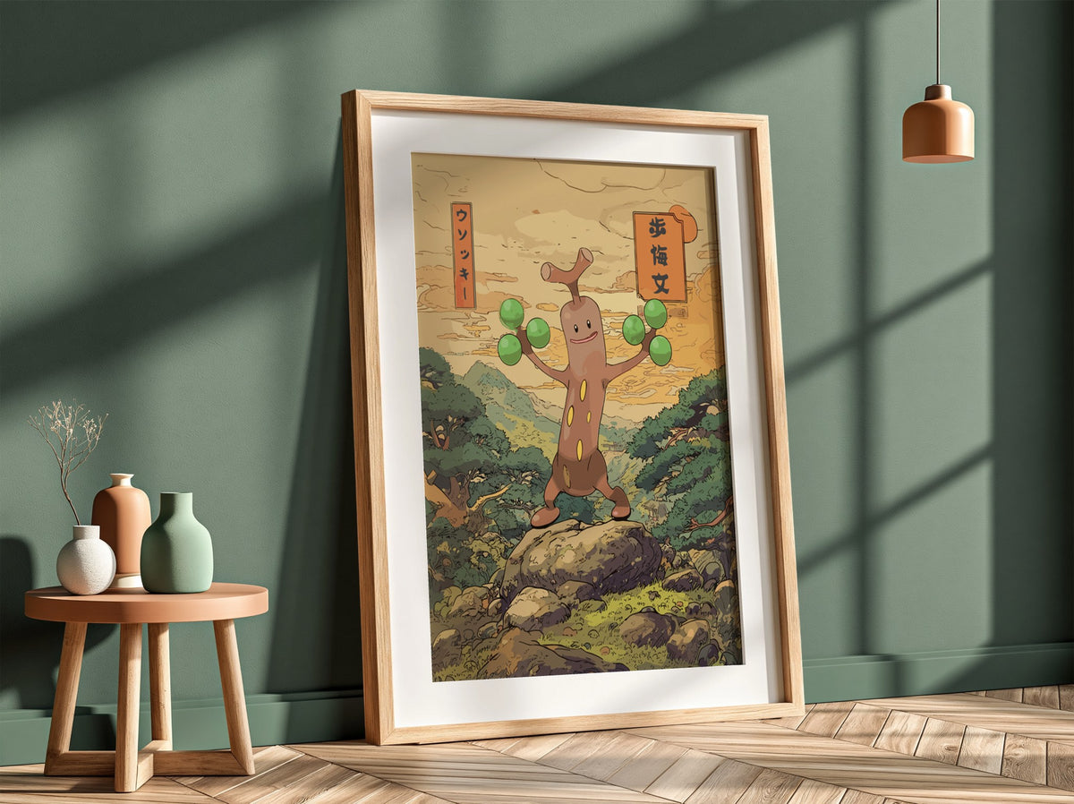 Wall decor poster featuring Sudowoodo character in Japanese style with green spheres and natural background