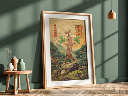 Wall decor poster featuring Sudowoodo character in Japanese style with green spheres and natural background