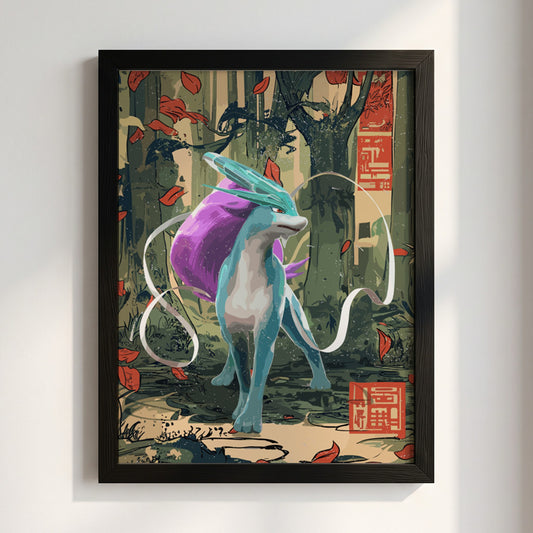 Framed Suicune 1 fantasy poster with blue and purple creature in forest with red falling leaves