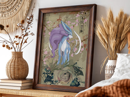Suicune poster with purple and blue creature, cherry blossoms, Japanese style art