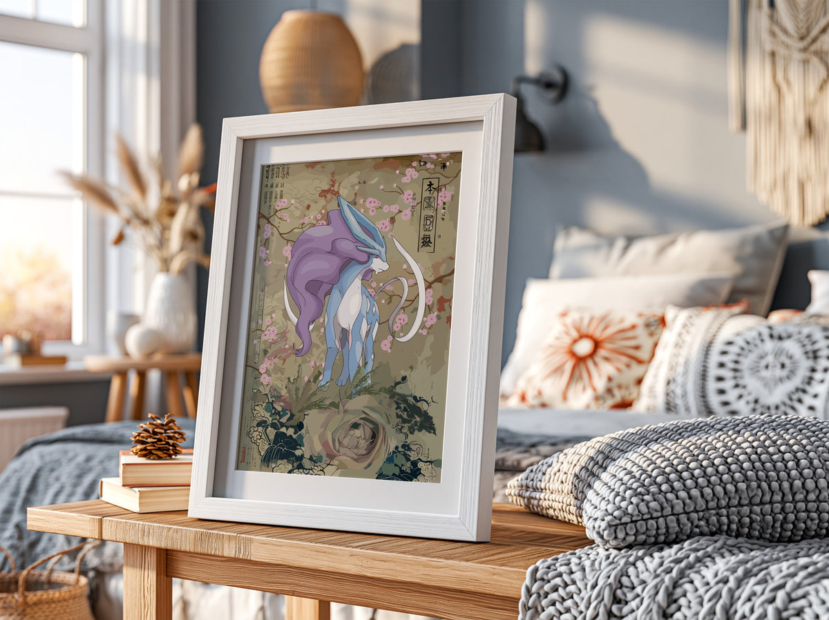 Suicune poster with purple and blue creature, cherry blossoms, Japanese style art