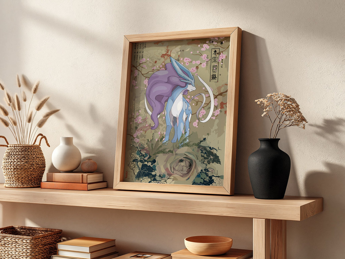 Suicune poster with purple and blue creature, cherry blossoms, Japanese style art