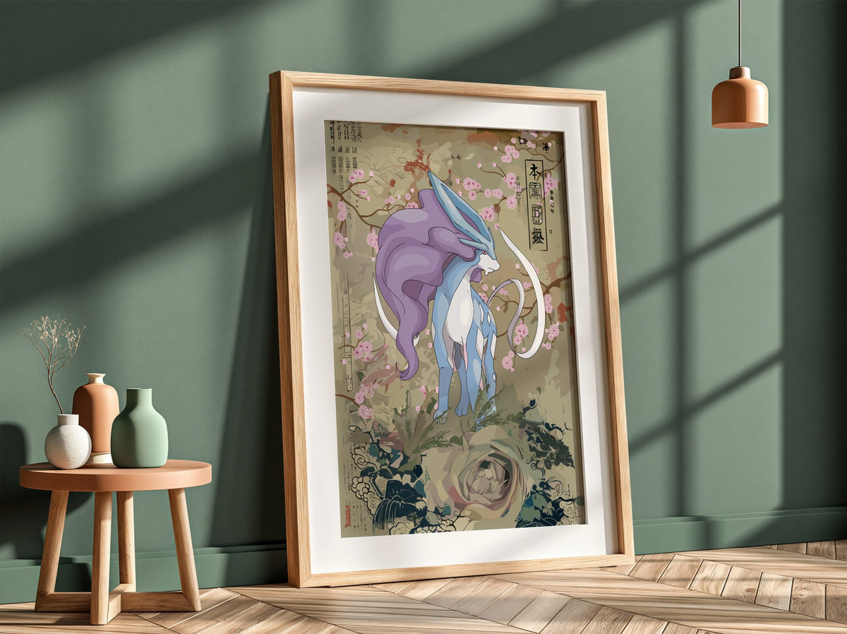 Suicune poster with purple and blue creature, cherry blossoms, Japanese style art