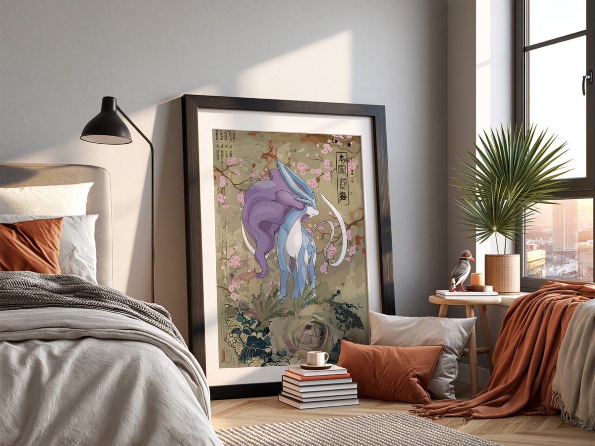 Suicune poster with purple and blue creature, cherry blossoms, Japanese style art