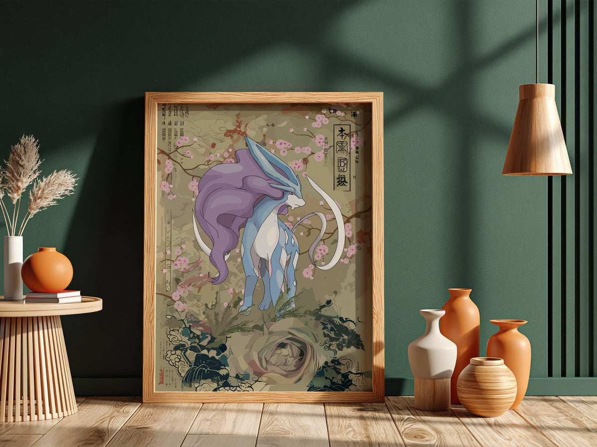 Suicune poster with purple and blue creature, cherry blossoms, Japanese style art