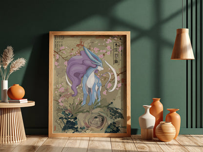 Suicune poster with purple and blue creature, cherry blossoms, Japanese style art
