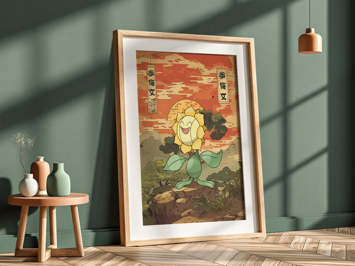 Sunflora illustration poster with warm orange sunset sky, green leaves, and Japanese style art