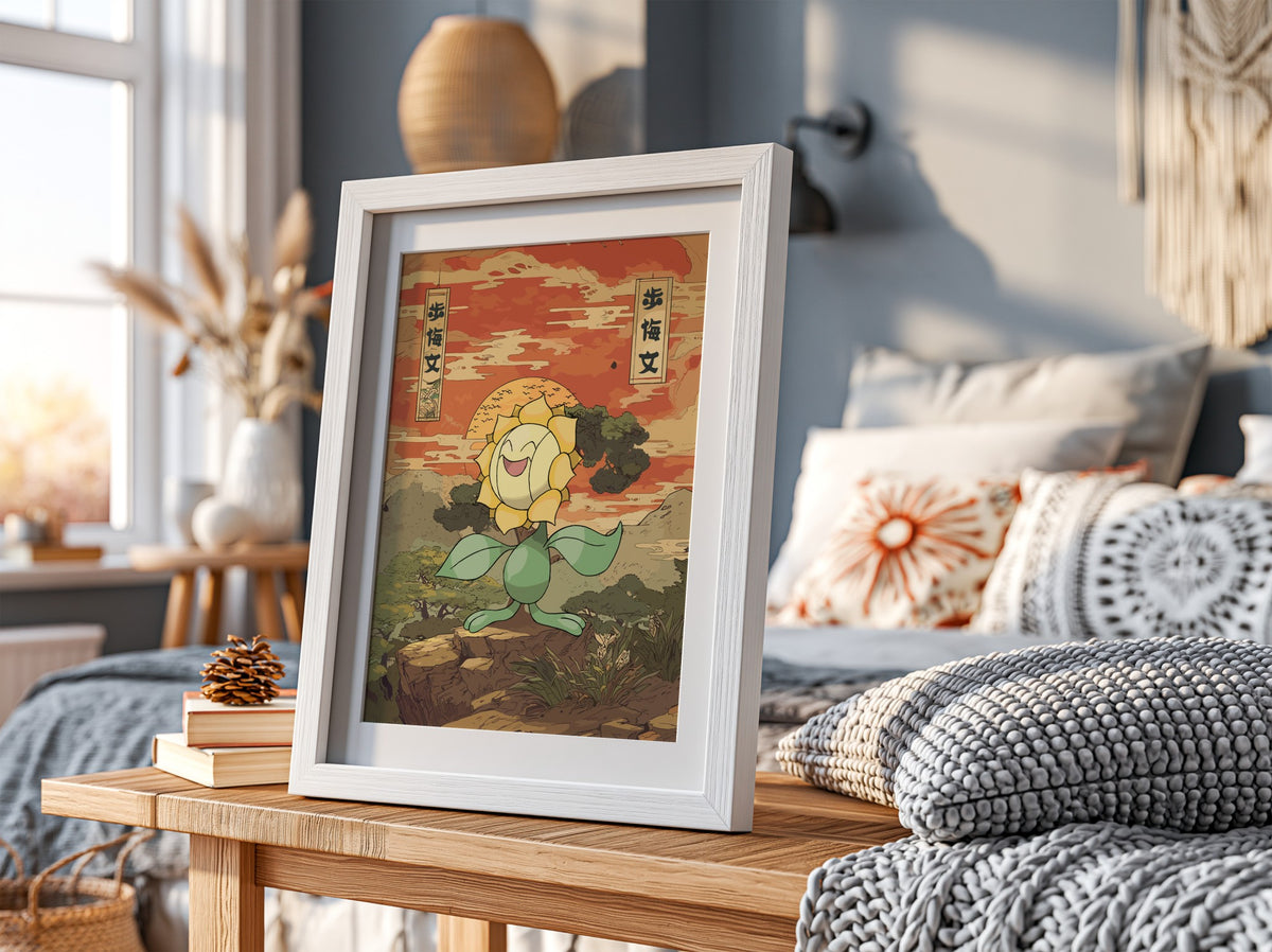 Sunflora illustration poster with warm orange sunset sky, green leaves, and Japanese style art