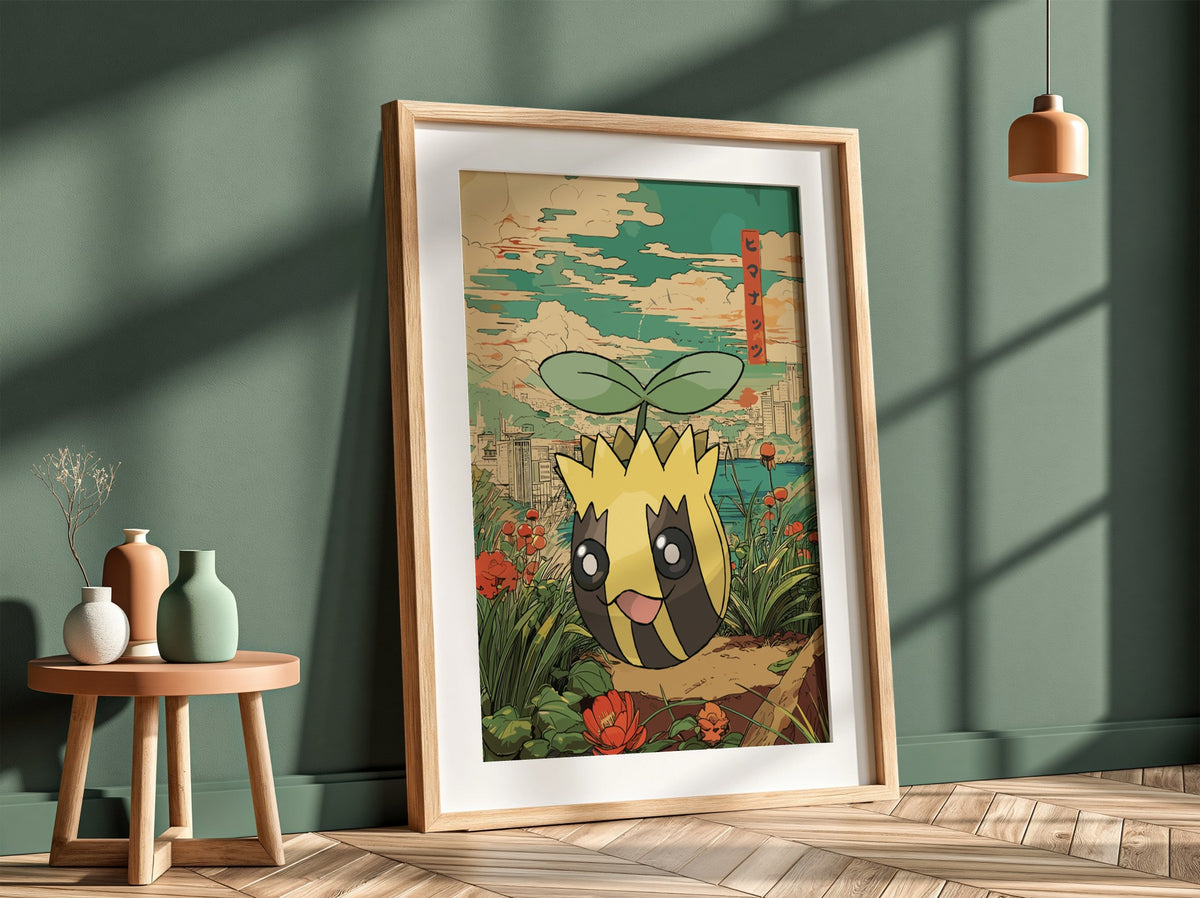 Poster featuring Sunkern Pokémon character in yellow and green anime style with Japanese-inspired background