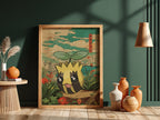 Poster featuring Sunkern Pokémon character in yellow and green anime style with Japanese-inspired background
