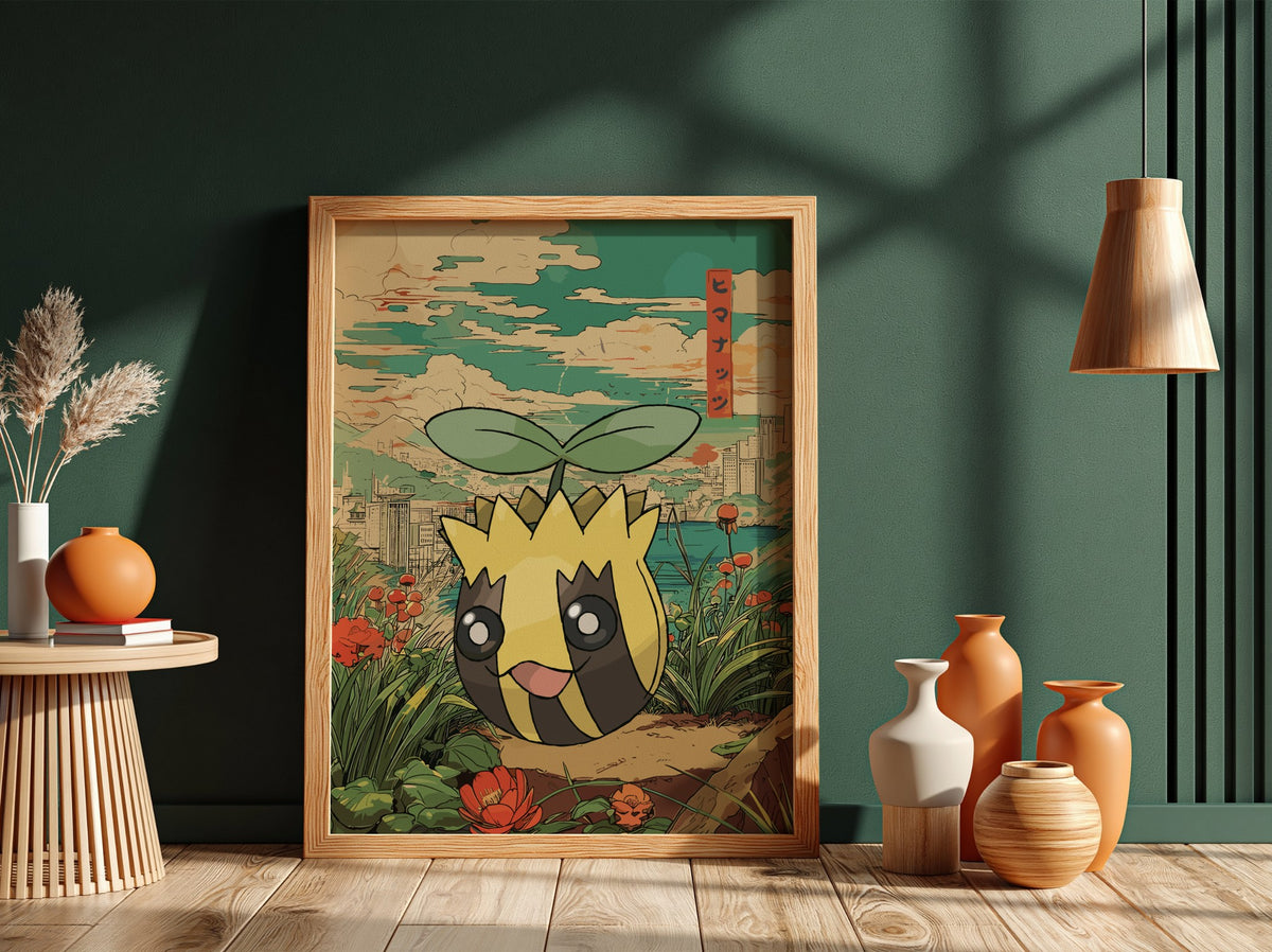 Poster featuring Sunkern Pokémon character in yellow and green anime style with Japanese-inspired background