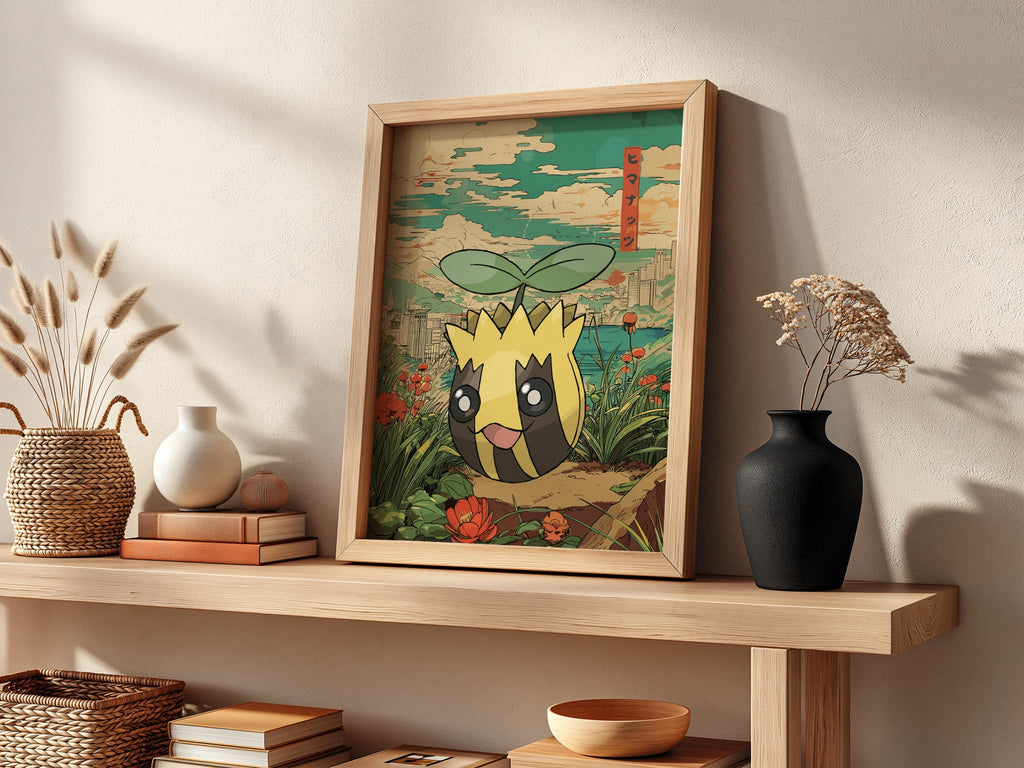 Poster featuring Sunkern Pokémon character in yellow and green anime style with Japanese-inspired background