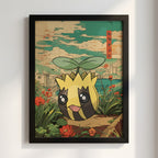 Poster featuring Sunkern Pokémon character in yellow and green anime style with Japanese-inspired background