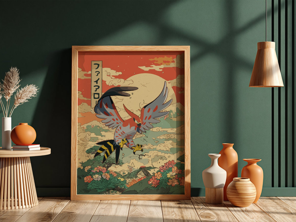 Poster of Talonflame in vintage Japanese style with red sky, clouds, and floral landscape