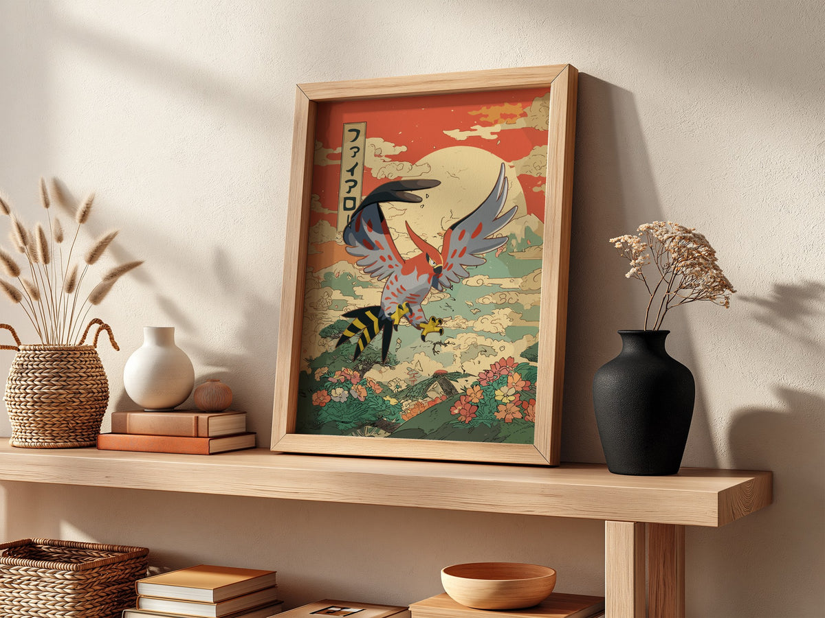 Poster of Talonflame in vintage Japanese style with red sky, clouds, and floral landscape