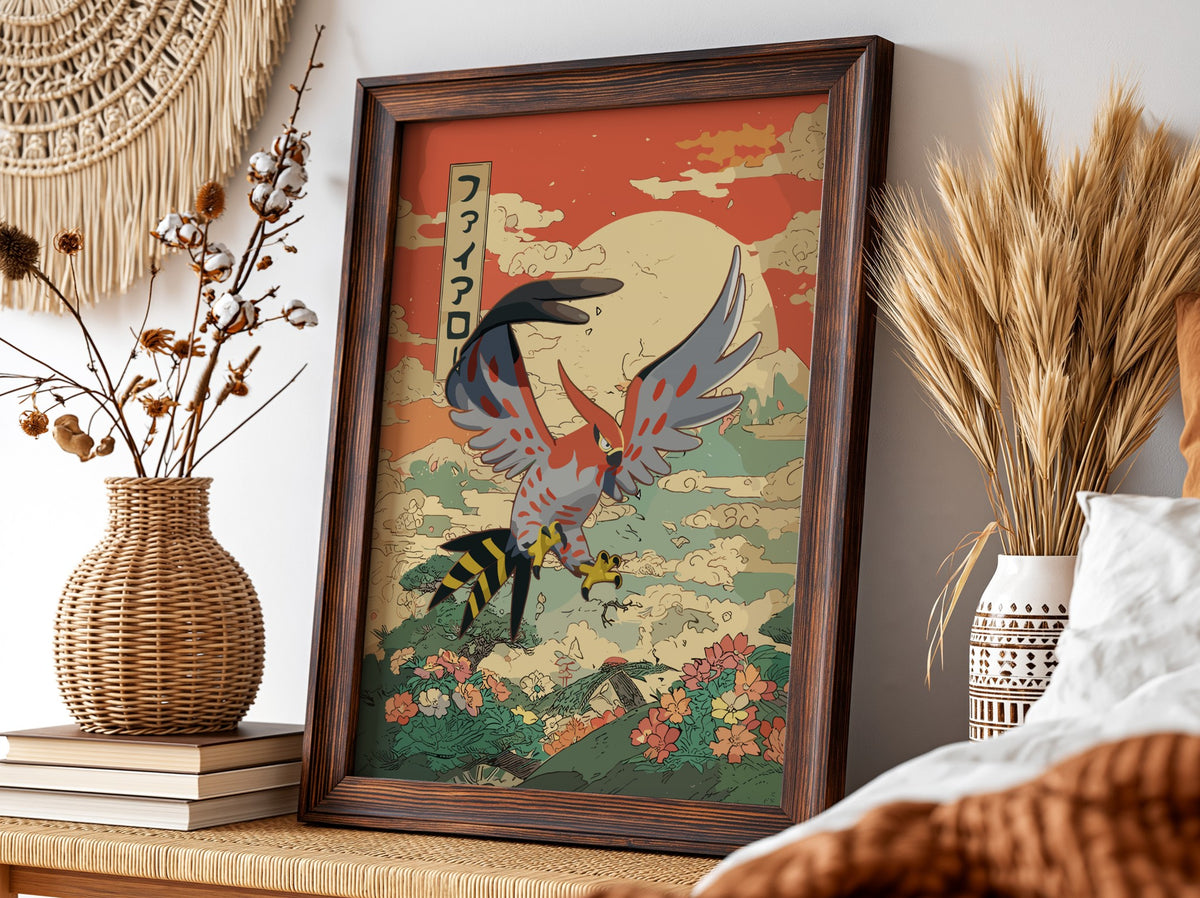 Poster of Talonflame in vintage Japanese style with red sky, clouds, and floral landscape