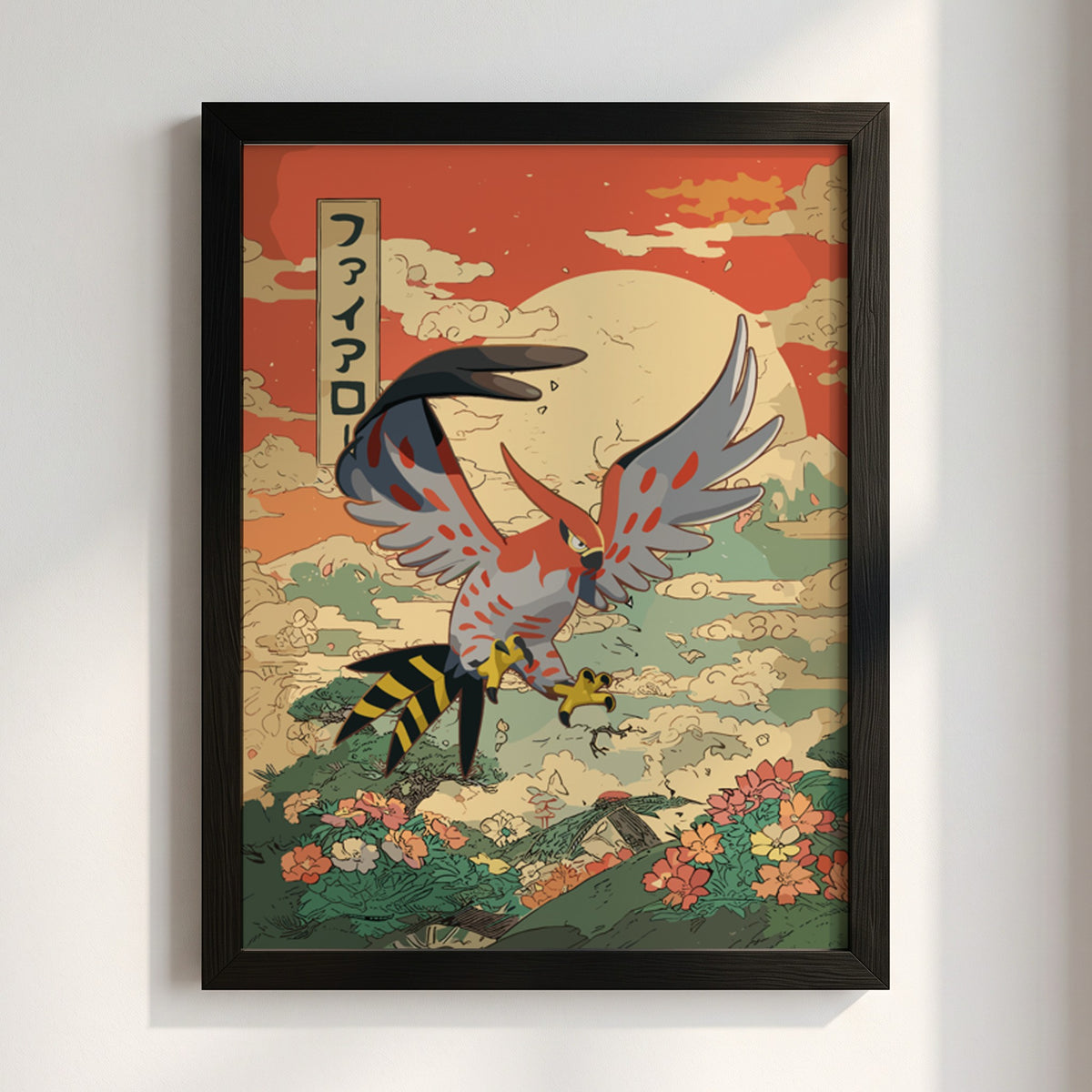 Poster of Talonflame in vintage Japanese style with red sky, clouds, and floral landscape