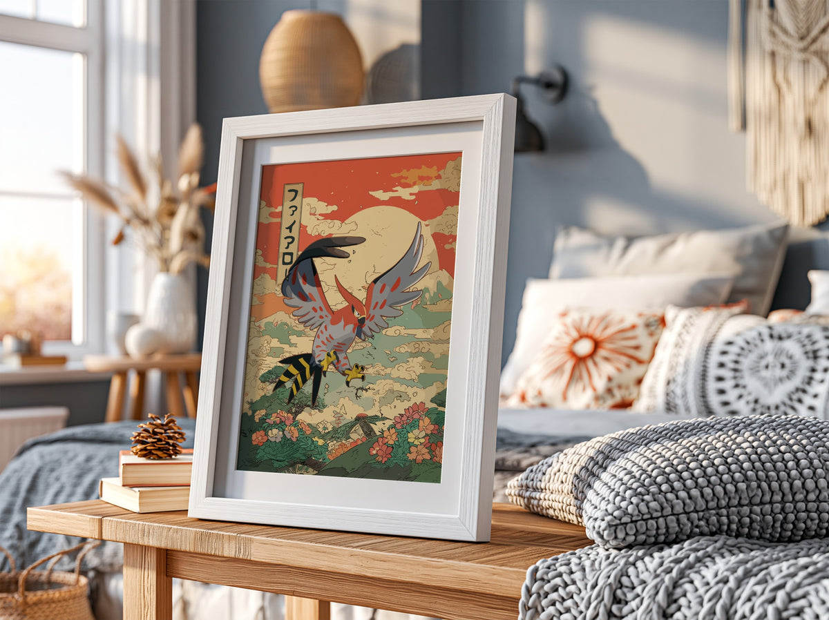 Poster of Talonflame in vintage Japanese style with red sky, clouds, and floral landscape