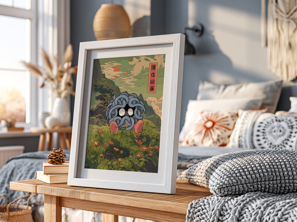Wall decor poster featuring Tangela in blue vines with wide eyes in traditional Japanese style landscape with