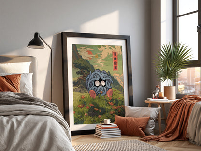 Wall decor poster featuring Tangela in blue vines with wide eyes in traditional Japanese style landscape with