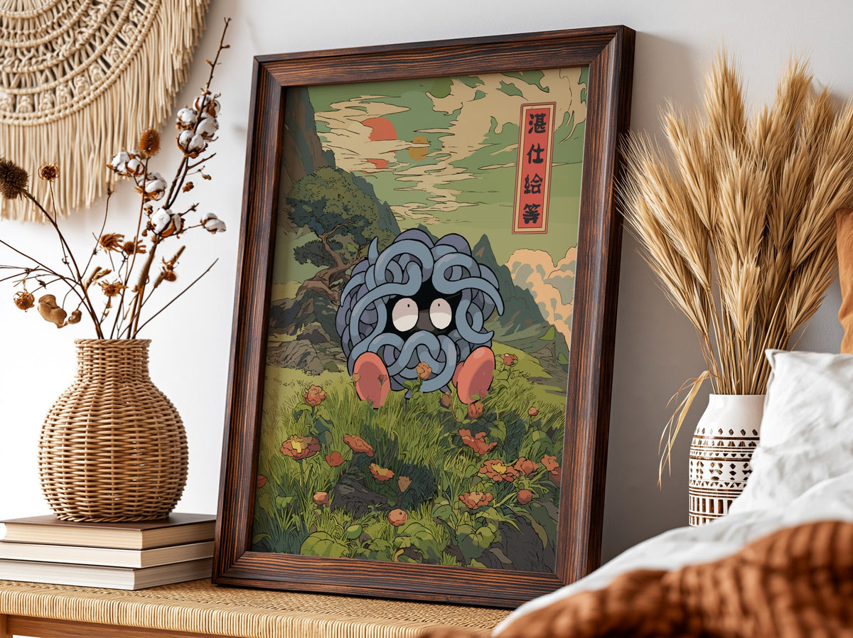 Wall decor poster featuring Tangela in blue vines with wide eyes in traditional Japanese style landscape with